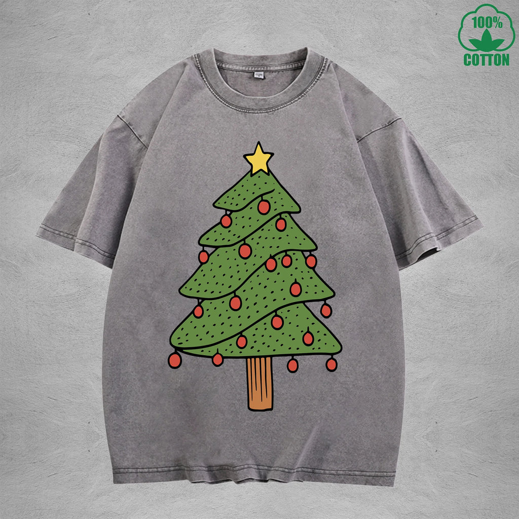 Christmas Tree Interest Printed Washed T-Shirt 230G Multicolor Loose Trendy Fashionable 100%Cotton Short Sleeve Top