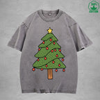 Christmas Tree Interest Printed Washed T-Shirt 230G Multicolor Loose Trendy Fashionable 100%Cotton Short Sleeve Top