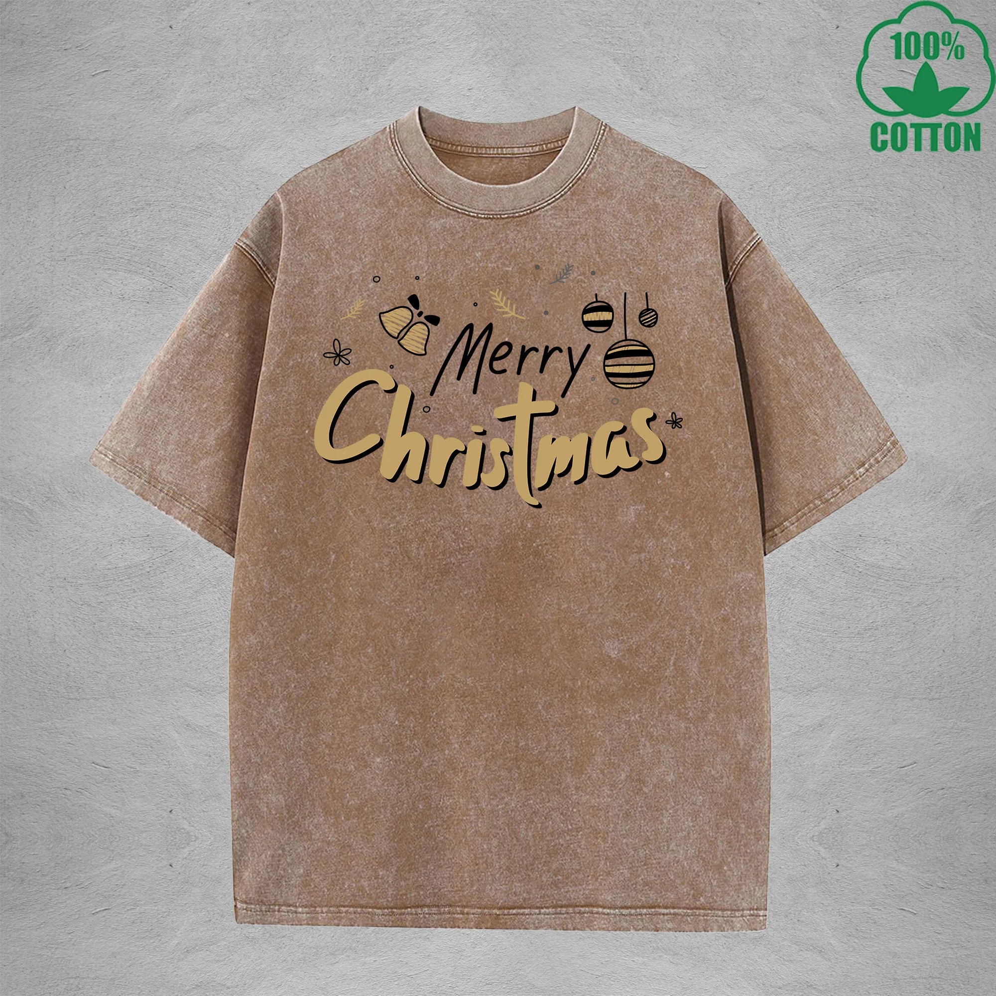 Merry Christmas Interest Printed Washed T-Shirt 230G Multicolor Loose Trendy Fashionable 100%Cotton Short Sleeve Top