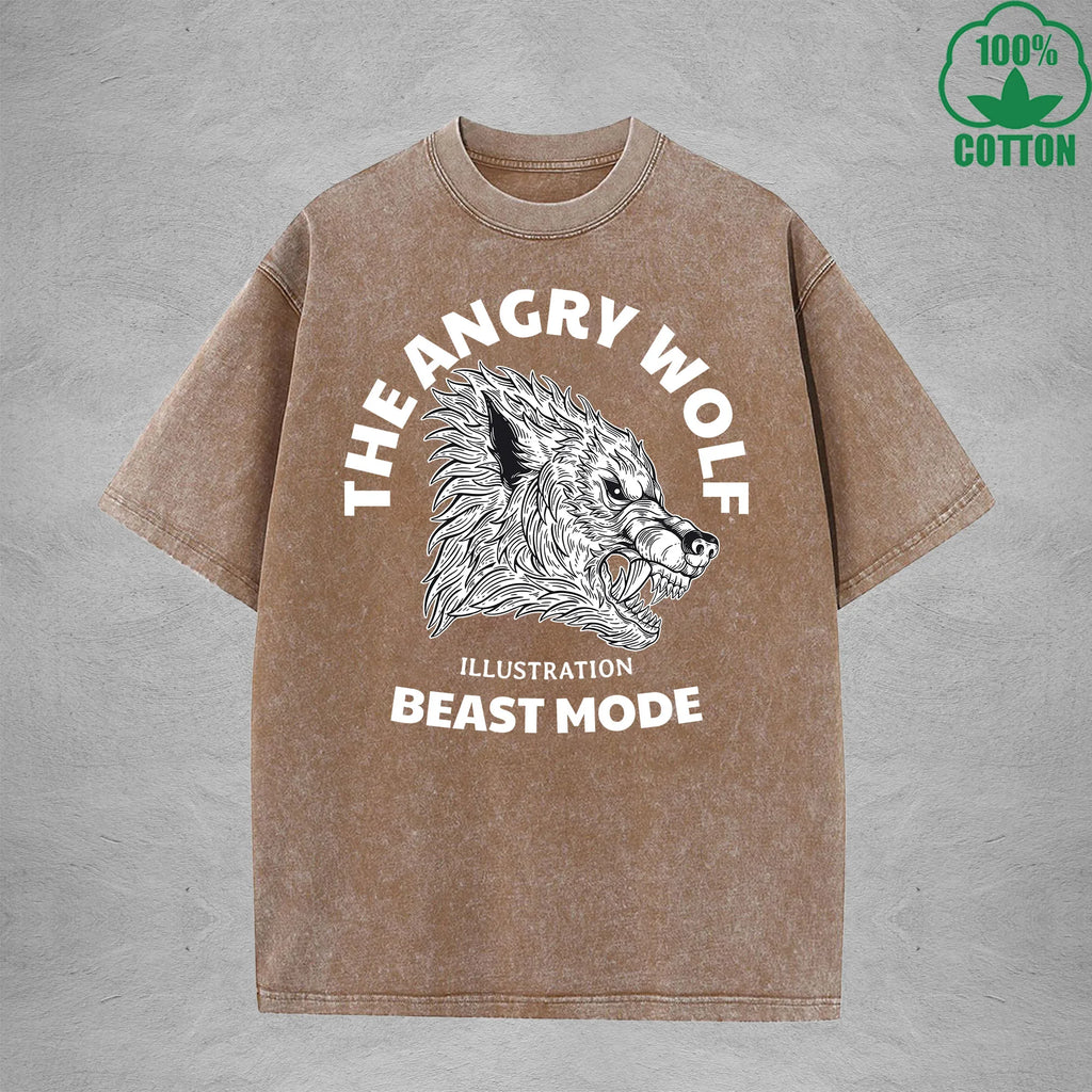 The Angry WolfInterest Printed Washed T-Shirt 230G Multicolor Loose Trendy Fashionable 100%Cotton Short Sleeve Top