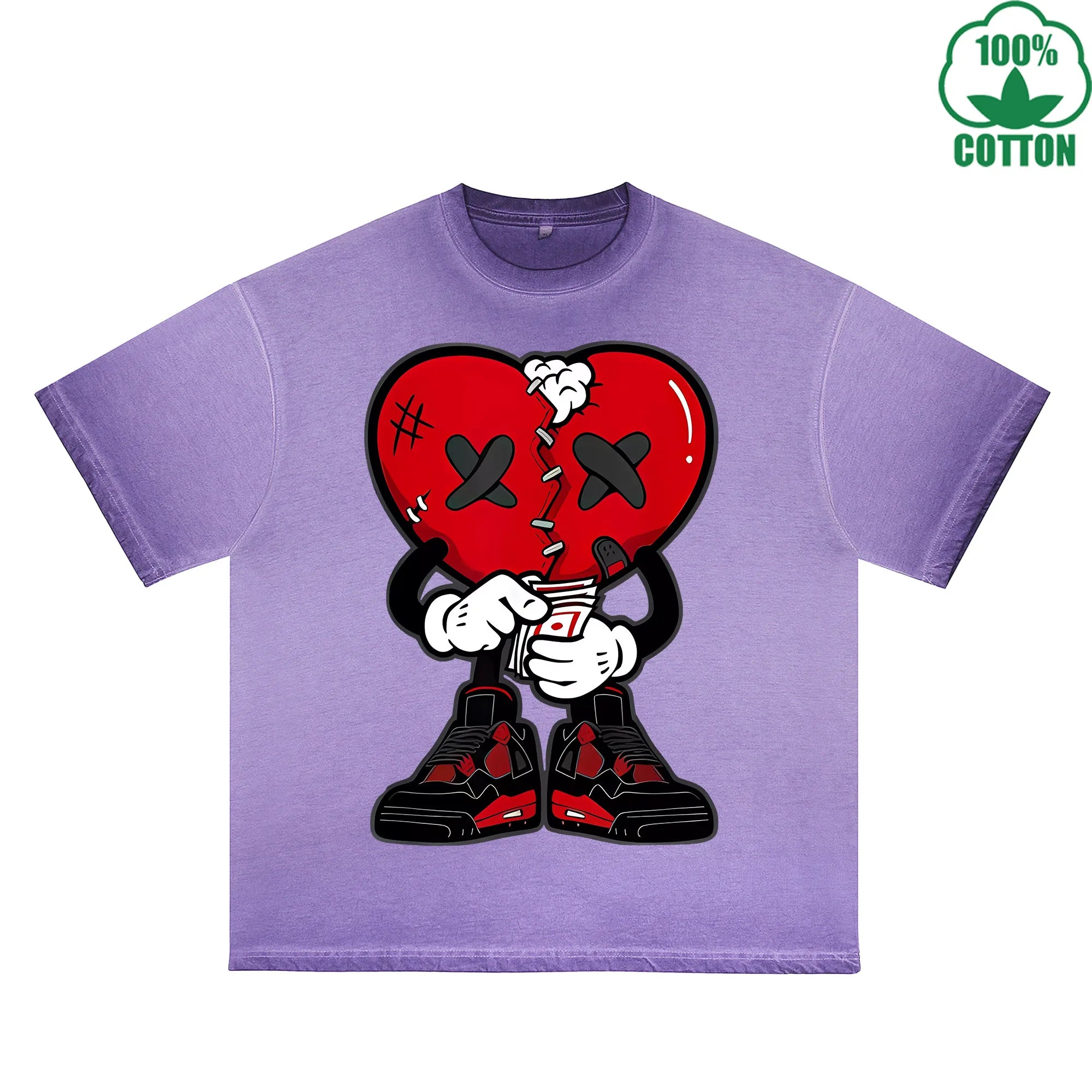 Injured Heart Printed Dirty WashT-Shirt 230G Multicolor Loose Trendy Fashionable 100%Cotton Short Sleeve Top