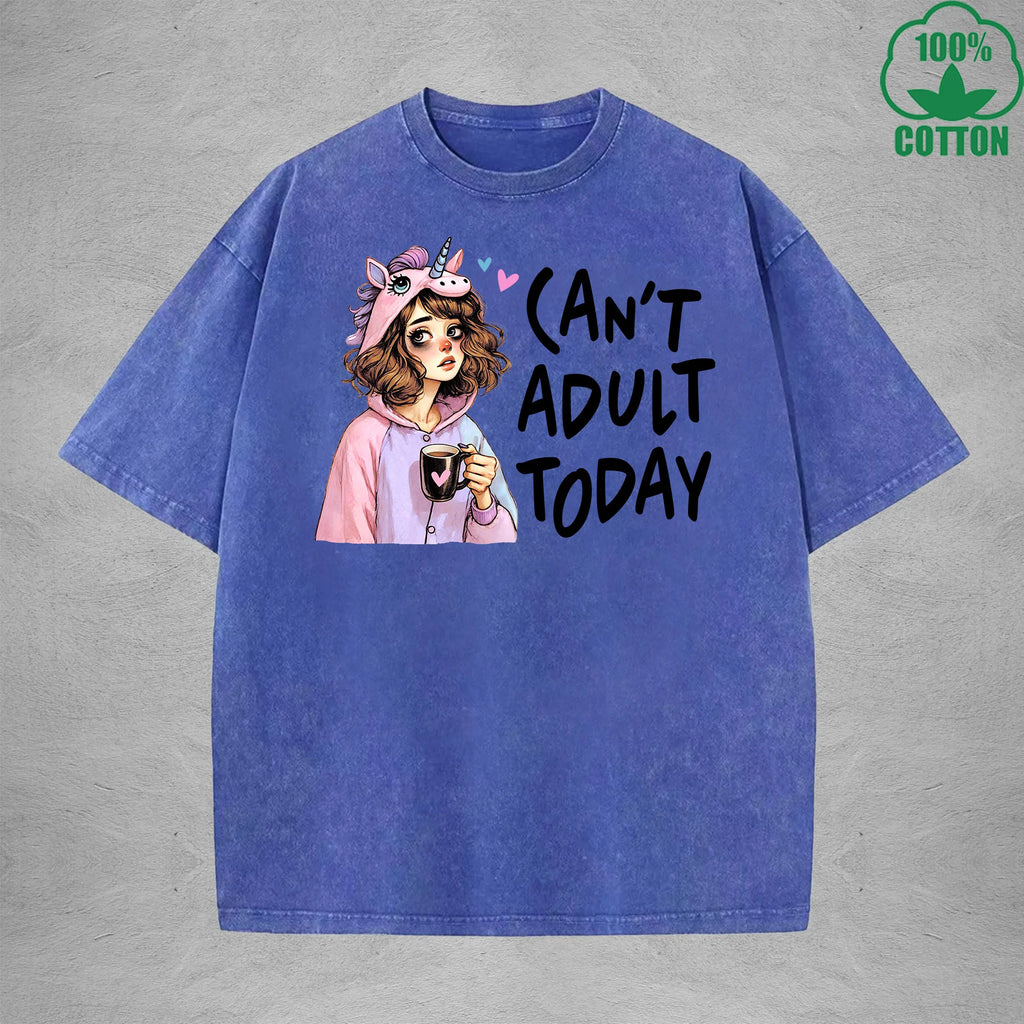 Can't Adult TodayInterest Printed Washed T-Shirt 230G Loose Trendy Fashionable 100%Cotton Short Sleeve Top