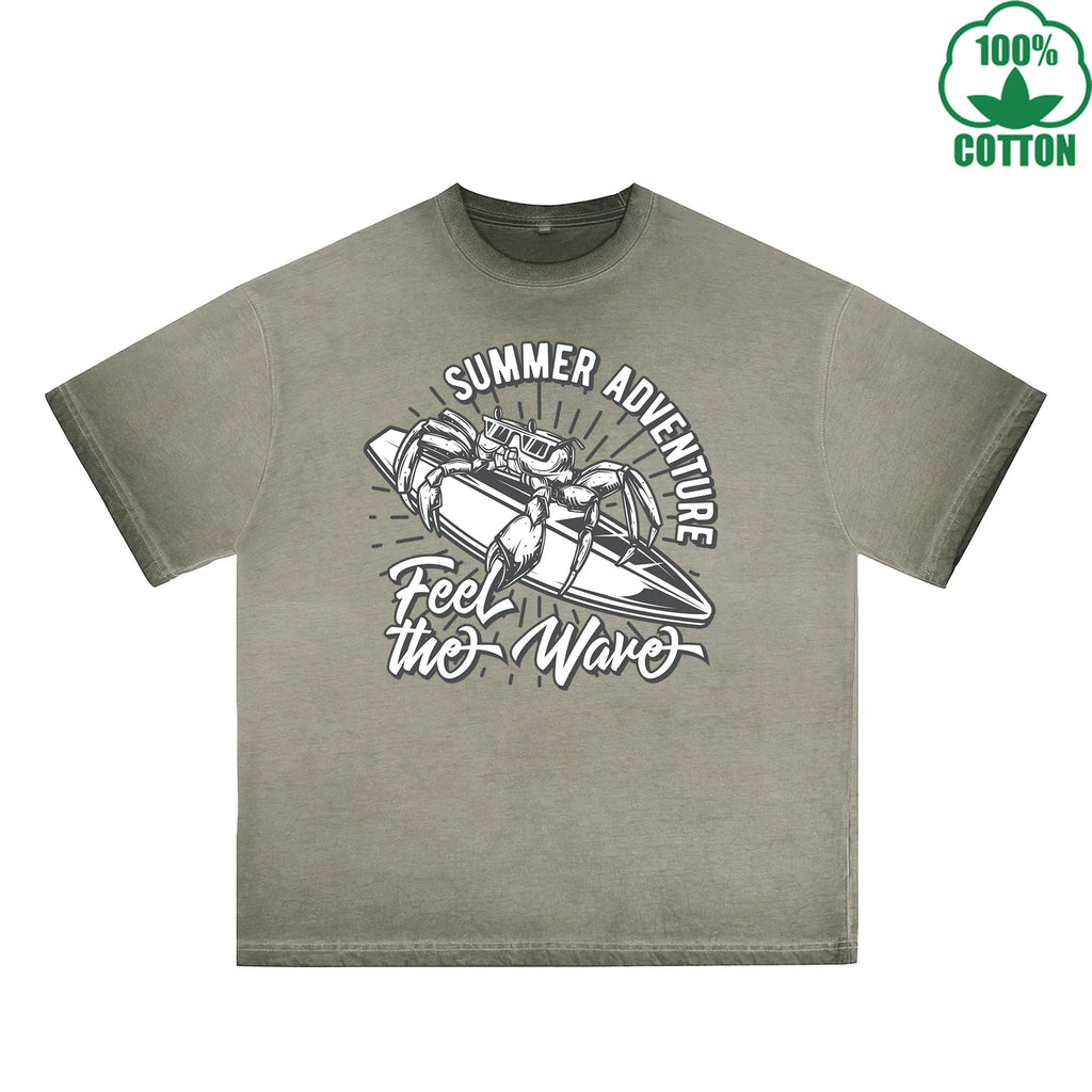 Summer Adventure Printed Dirty WashT-Shirt 230G Multicolor Loose Trendy Fashionable 100%Cotton Short Sleeve Top