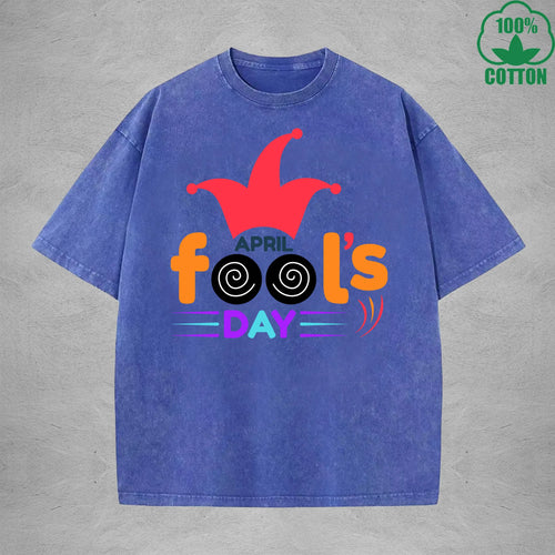 April Fool Days Interest Printed Washed T-Shirt 230G Multicolor Loose Trendy Fashionable 100%Cotton Short Sleeve Top