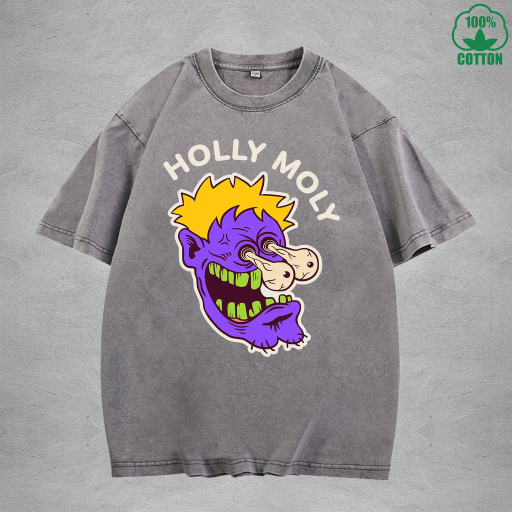 Holly MolyInterest Printed Washed T-Shirt 230G Loose Trendy Fashionable 100%Cotton Short Sleeve Top