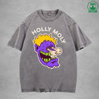 Holly MolyInterest Printed Washed T-Shirt 230G Loose Trendy Fashionable 100%Cotton Short Sleeve Top