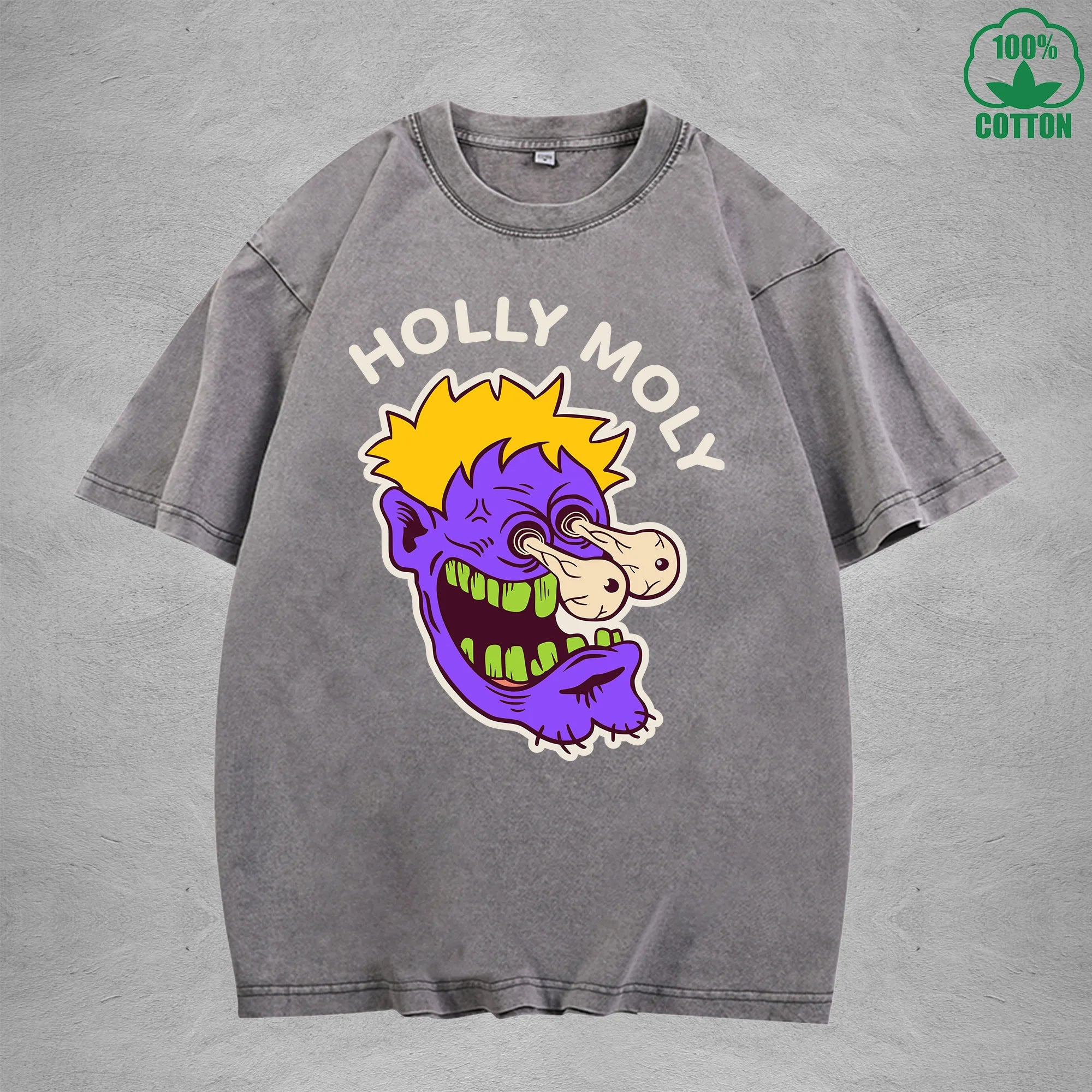 Holly MolyInterest Printed Washed T-Shirt 230G Loose Trendy Fashionable 100%Cotton Short Sleeve Top