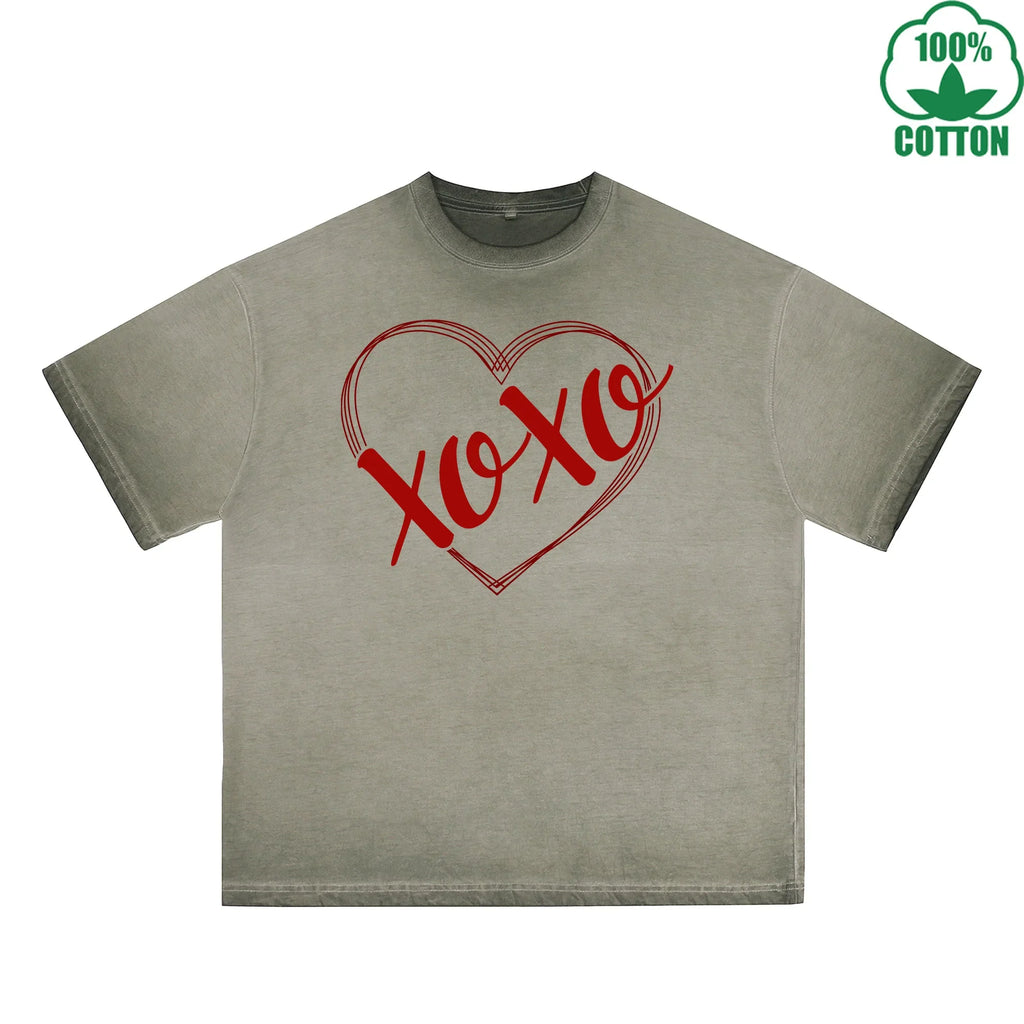 Xoxo Printed Dirty Wash T-Shirt 230G Multicolor Loose Trendy Fashionable 100%Cotton Short Sleeve Top