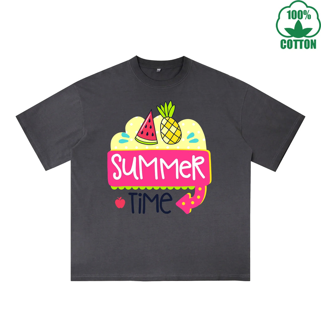 Summek Time Printed Dirty WashT-Shirt 230G Multicolor Loose Trendy Fashionable 100%Cotton Short Sleeve Top