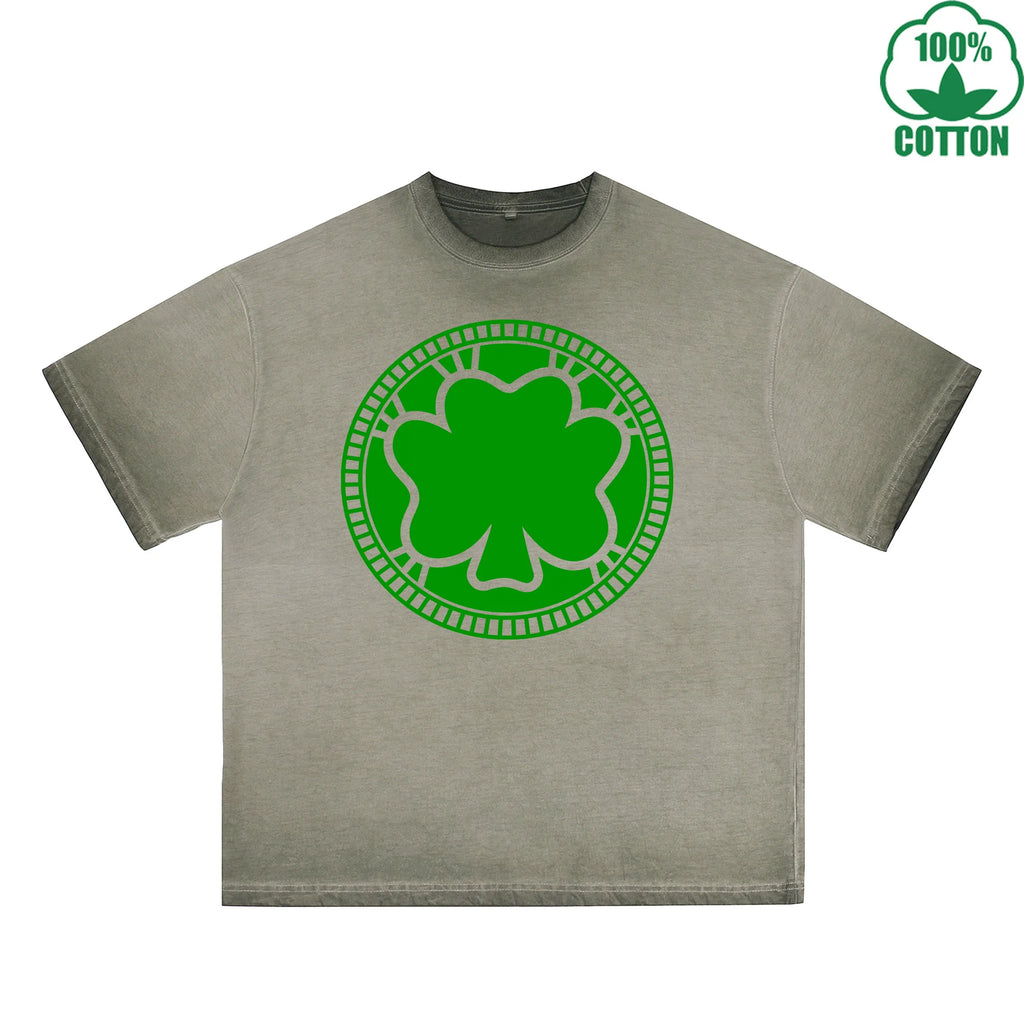 clover coin Printed Dirty Wash T-Shirt 230G Multicolor Loose Trendy Fashionable 100%Cotton Short Sleeve Top