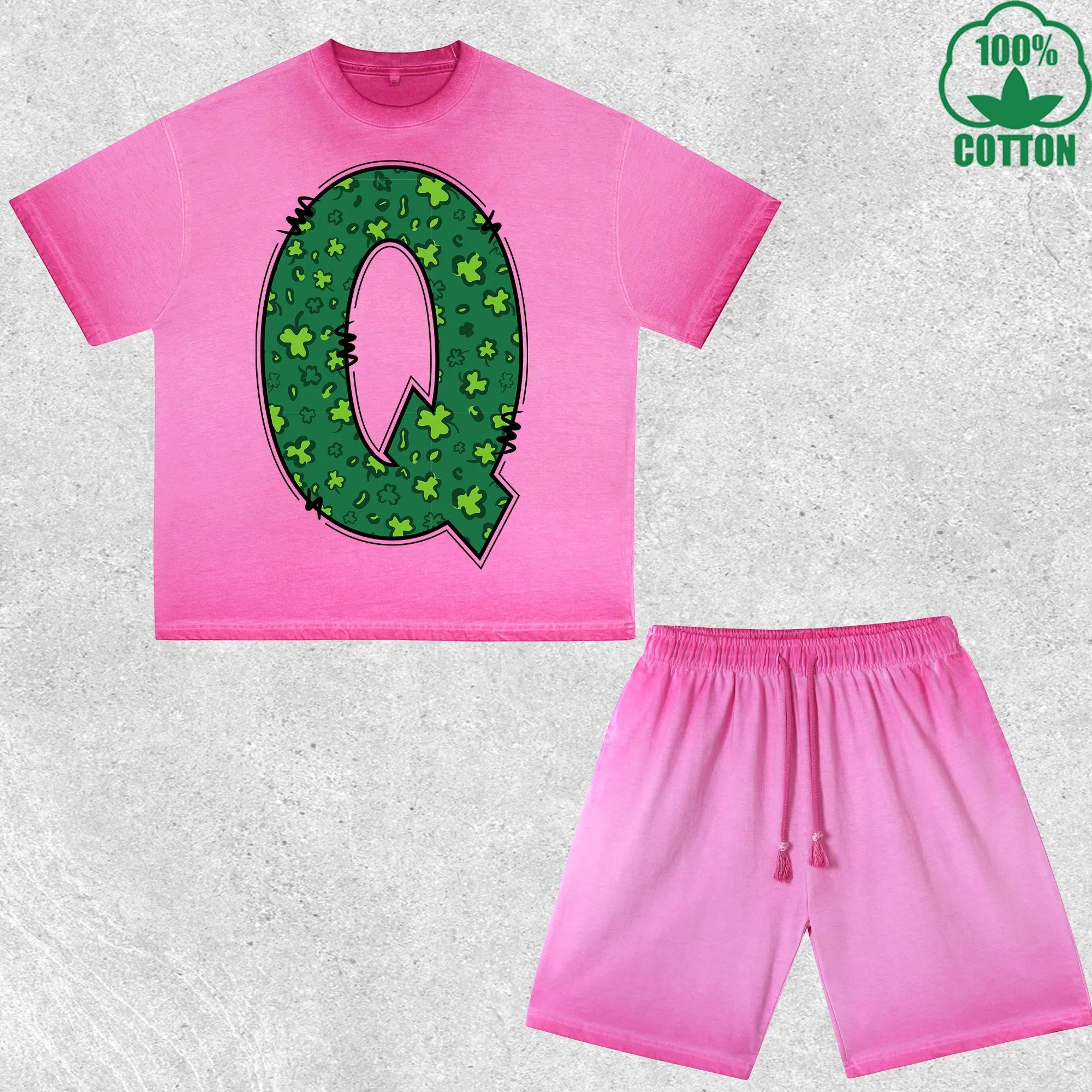 Luck Letter Q Printed Dirty Wash T-Shirt Shorts Set Multicolor Combo Loose Trendy Fashionable 100%Cotton Short Value Pack