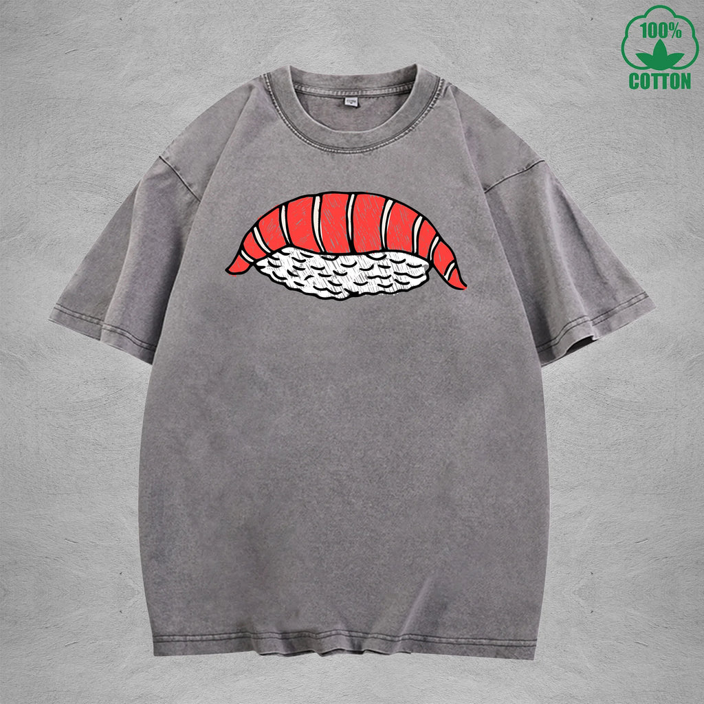 Cute SushiInterest Printed Washed T-Shirt 230G Multicolor Loose Trendy Fashionable 100%Cotton Short Sleeve Top