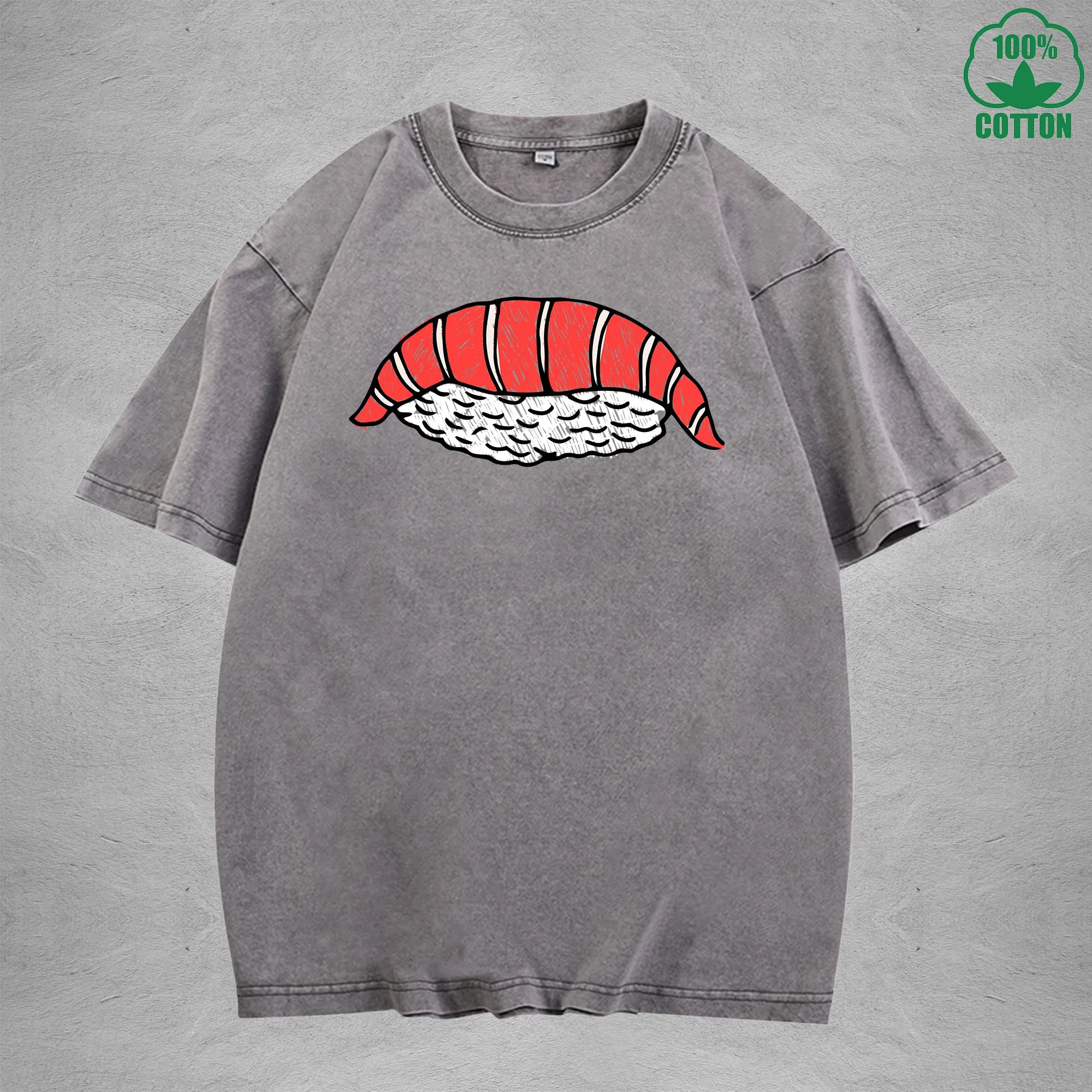 Cute SushiInterest Printed Washed T-Shirt 230G Multicolor Loose Trendy Fashionable 100%Cotton Short Sleeve Top
