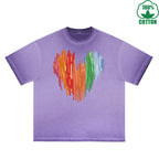 Colorful Heart Printed Dirty WashT-Shirt 230G Multicolor Loose Trendy Short Sleeves Fashionable 100%Cotton Top