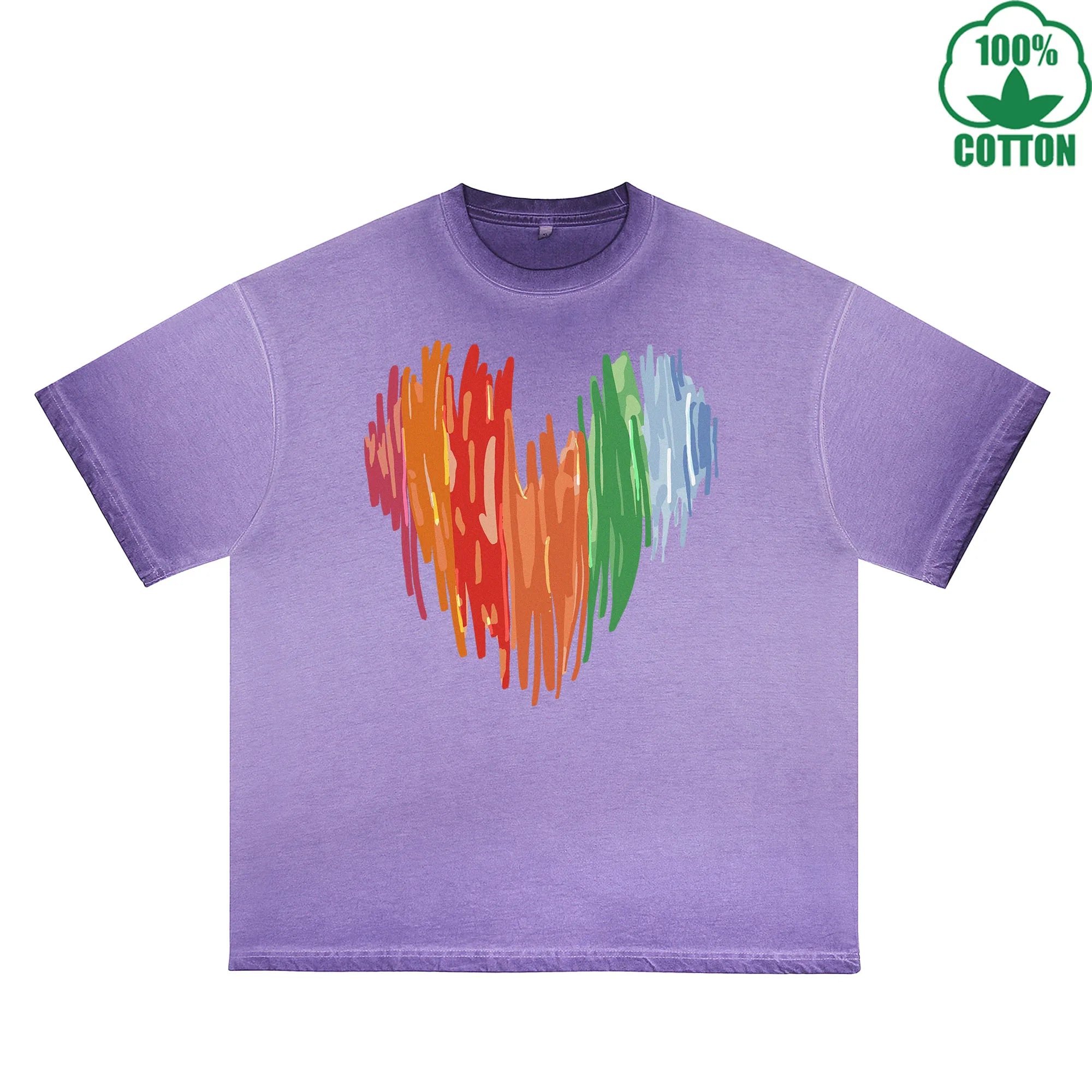 Colorful Heart Printed Dirty WashT-Shirt 230G Multicolor Loose Trendy Short Sleeves Fashionable 100%Cotton Top