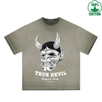 True Devil Printed Dirty WashT-Shirt 230G Multicolor Loose Trendy Fashionable 100%Cotton Short Sleeve Top