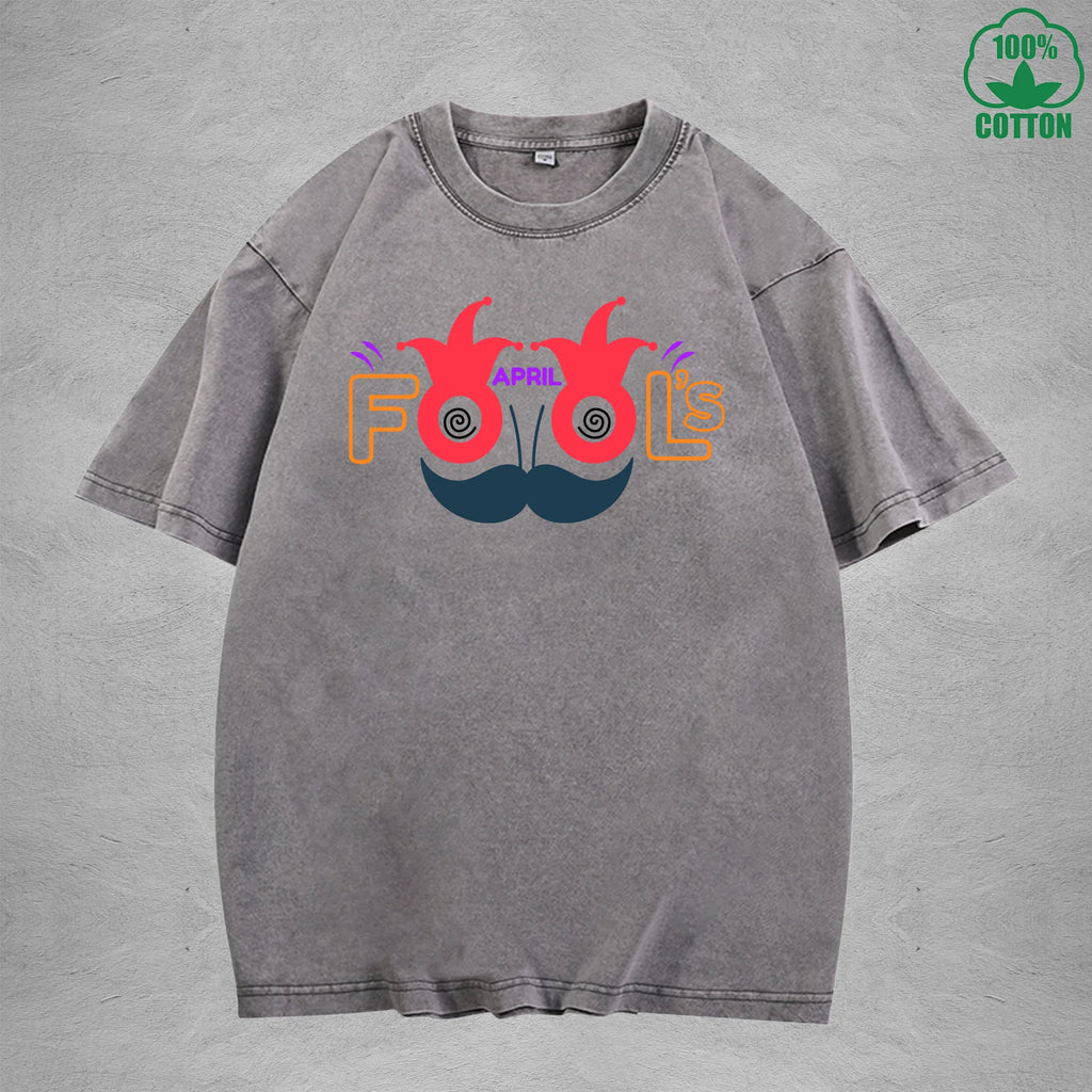 April Fool Days Interest Printed Washed T-Shirt 230G Multicolor Loose Trendy Fashionable 100%Cotton Short Sleeve Top
