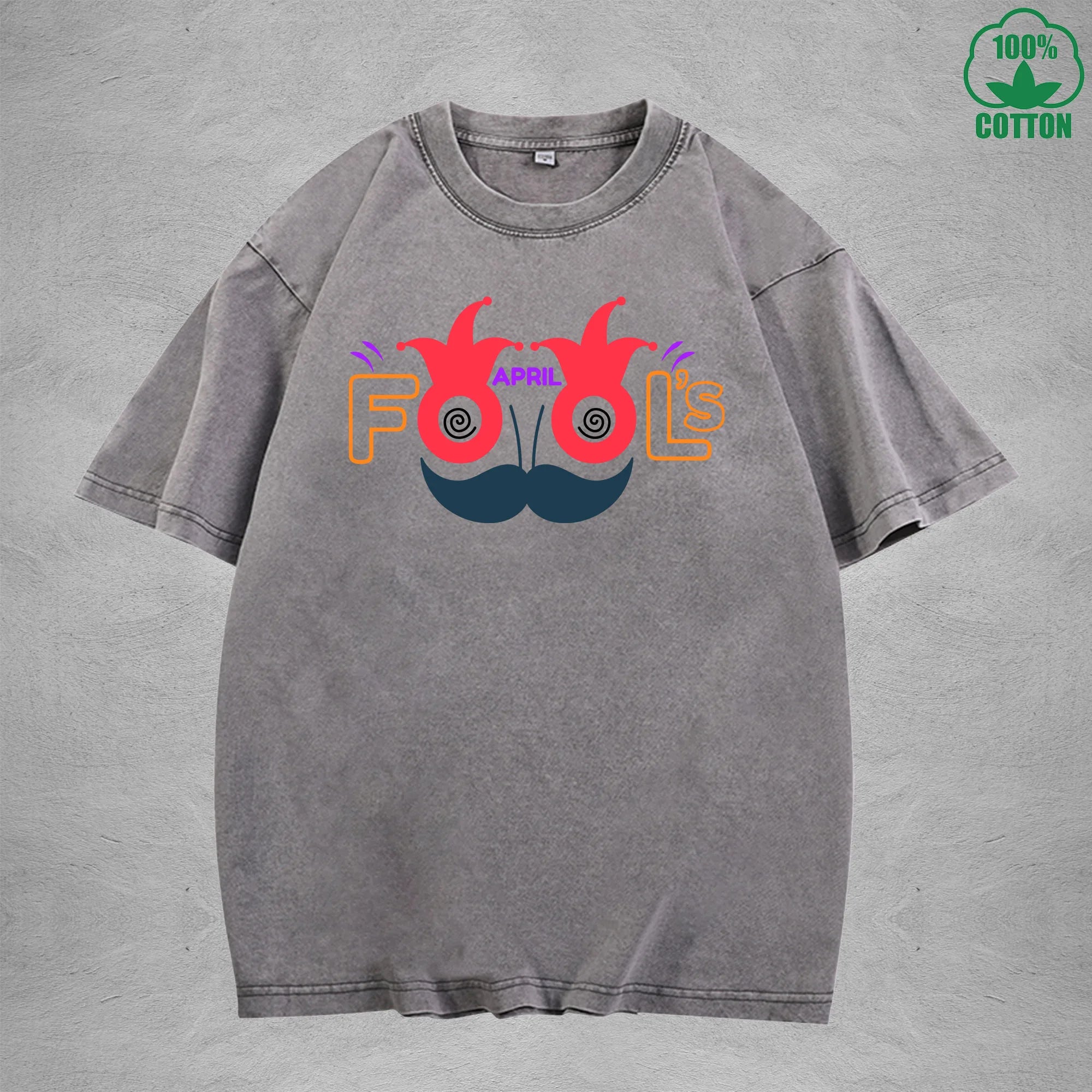 April Fool Days Interest Printed Washed T-Shirt 230G Multicolor Loose Trendy Fashionable 100%Cotton Short Sleeve Top