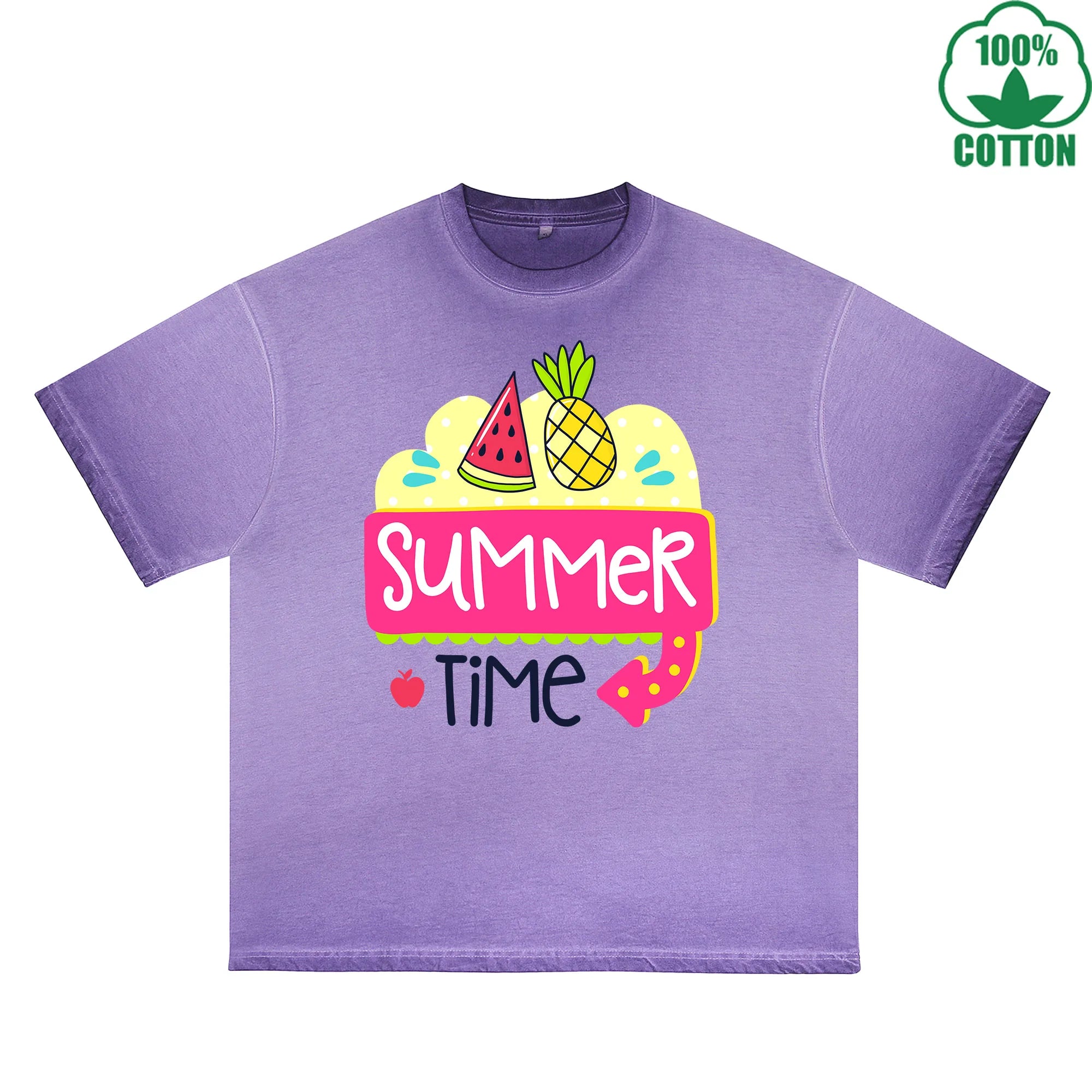 Summek Time Printed Dirty WashT-Shirt 230G Multicolor Loose Trendy Fashionable 100%Cotton Short Sleeve Top