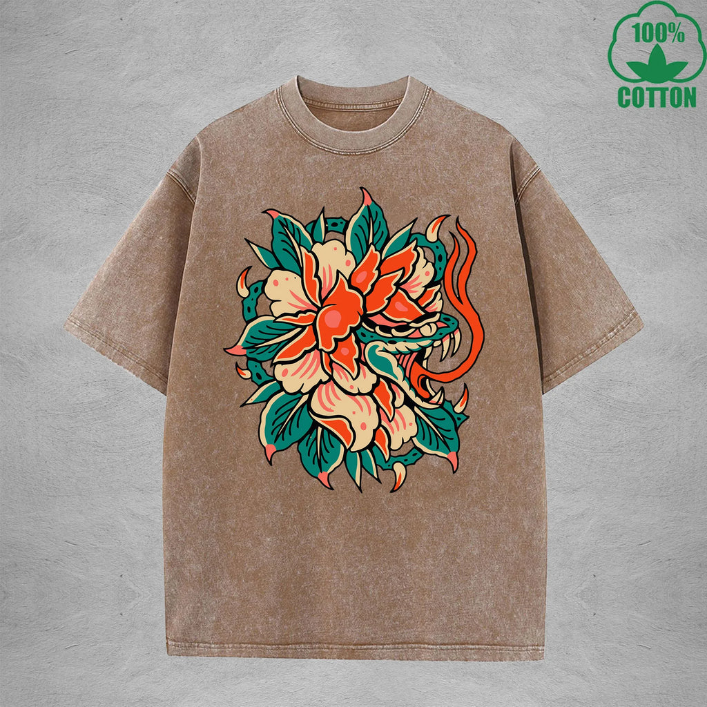 Deadly FlowerInterest Printed Washed T-Shirt 230G Multicolor Loose Trendy Fashionable 100%Cotton Short Sleeve Top