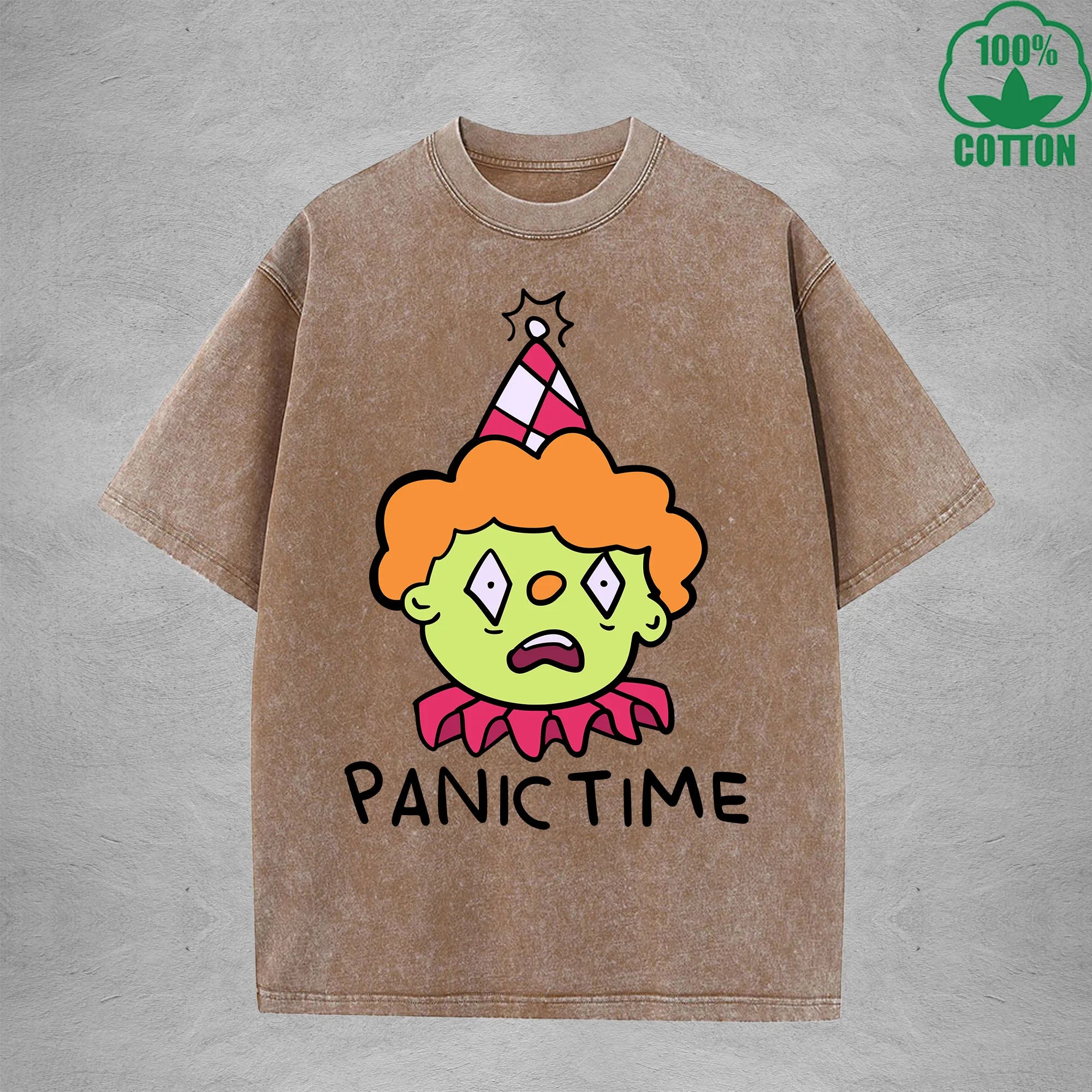 Panic TimeInterest Printed Washed T-Shirt 230G Loose Trendy Fashionable 100%Cotton Short Sleeve Top