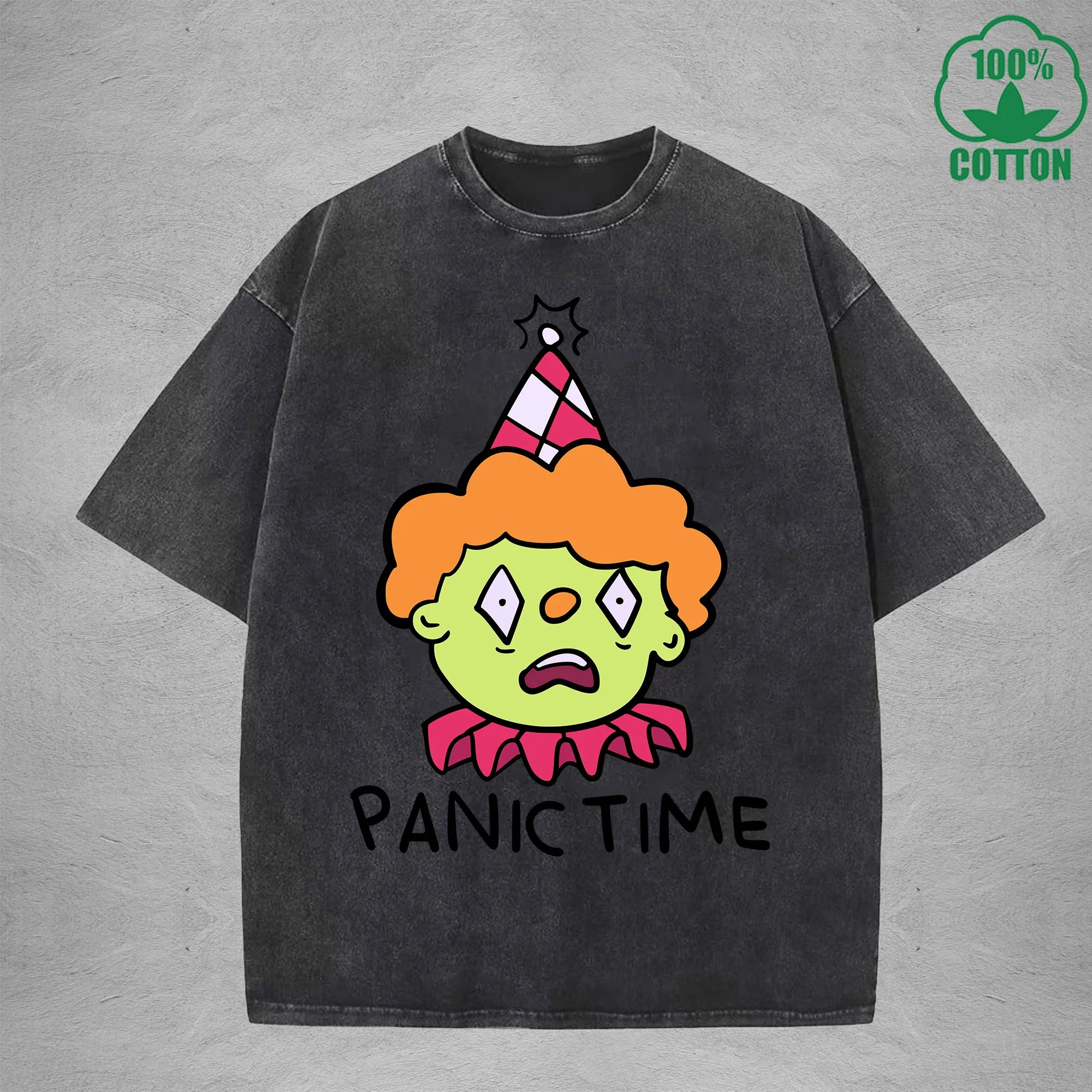 Panic TimeInterest Printed Washed T-Shirt 230G Loose Trendy Fashionable 100%Cotton Short Sleeve Top