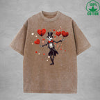 Romantic Skeleton Minimalist Printed Washed T-Shirt 230G Interesting Loose Trendy Fashionable Cotton Short Sleeve Top
