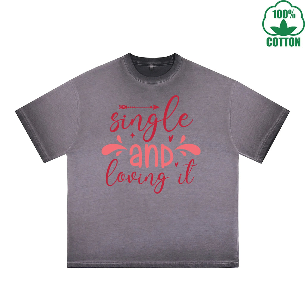 Sing Le Printed Dirty Wash T-Shirt 230G Multicolor Loose Trendy Fashionable 100%Cotton Short Sleeve Top