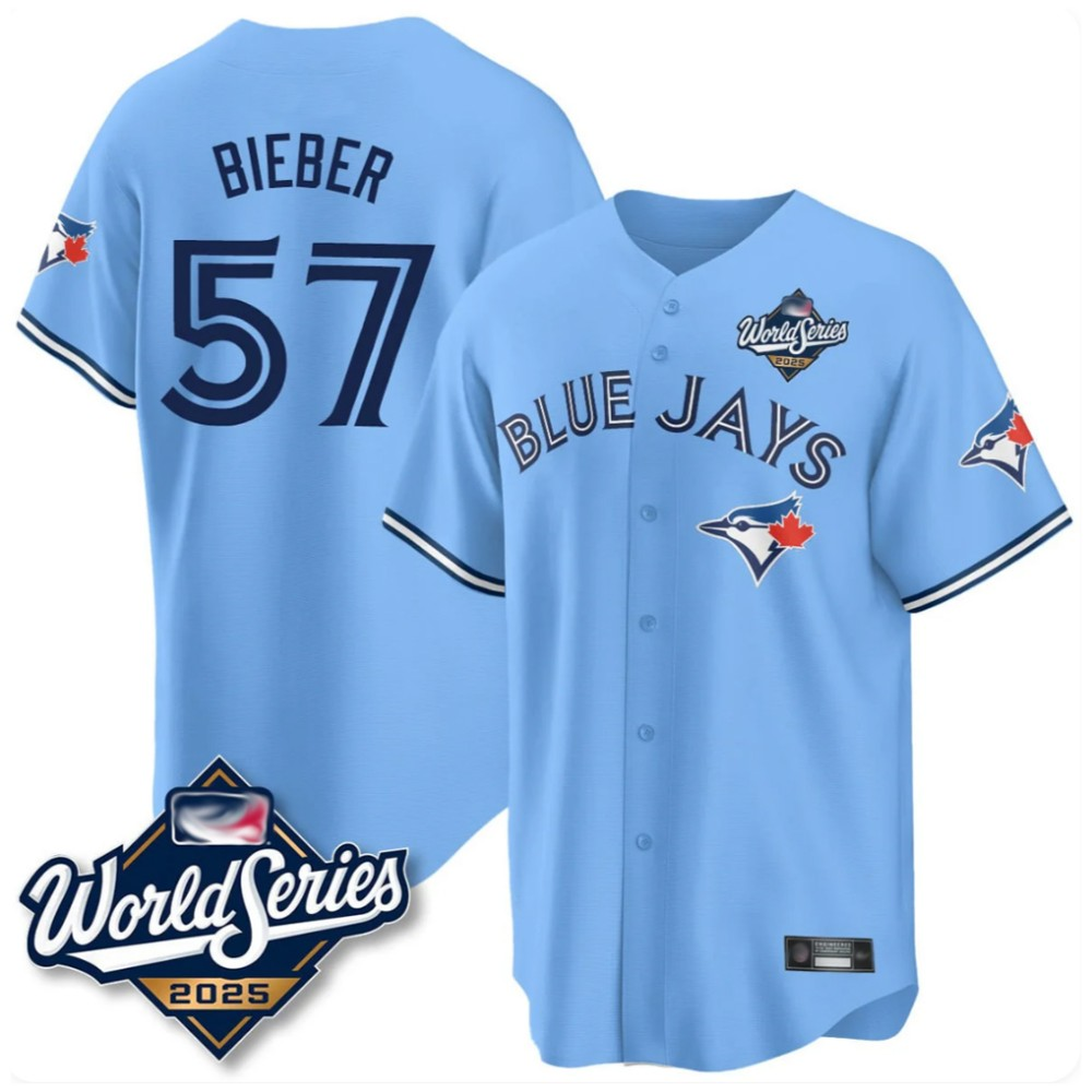 Toronto Blue Jays #57 Shane Bieber Blue 2025 World Series Baseball Stitched Jersey