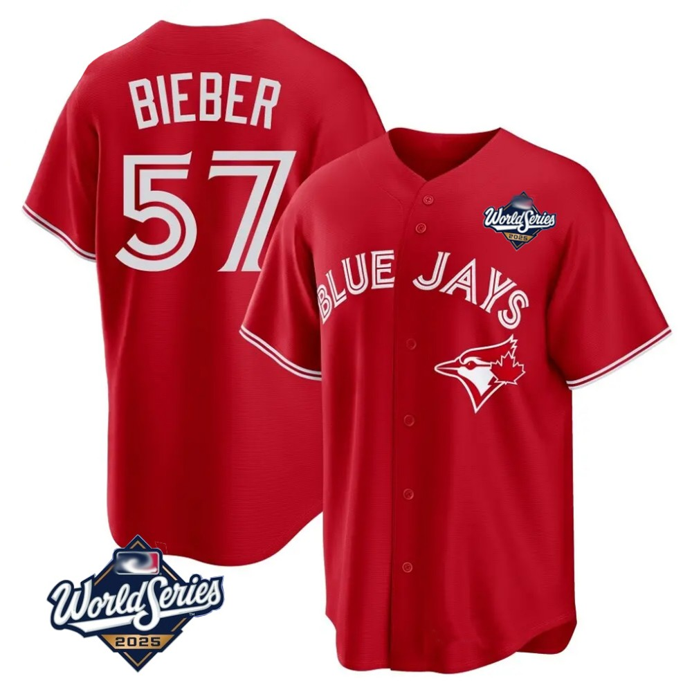 Toronto Blue Jays #57 Shane Bieber Red 2025 World Series Baseball Stitched Jersey