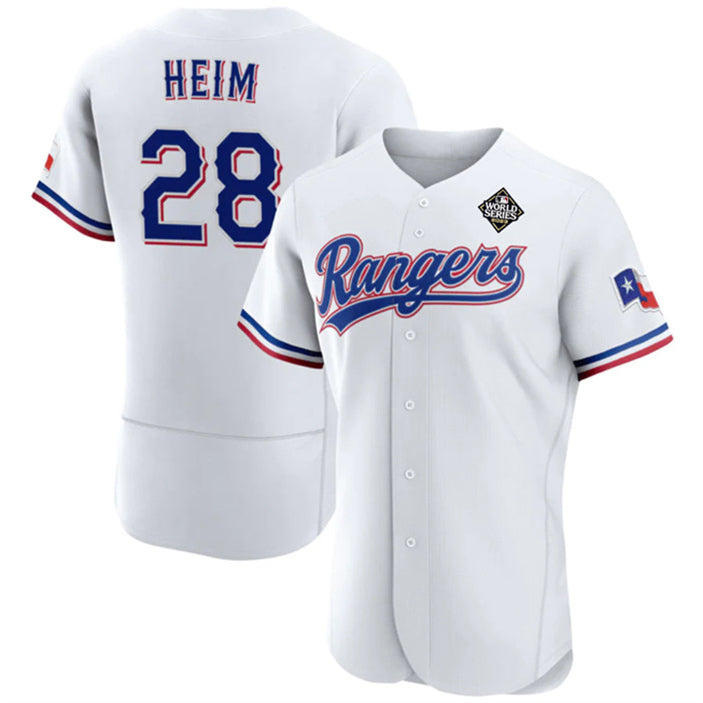 Texas Rangers #28 Jonah Heim White 2023 World Series Flex Base Stitched Baseball Jersey