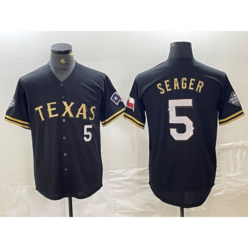 Texas Rangers #5 Corey Seager Number Black Gold Cool Base Stitched Baseball Jersey