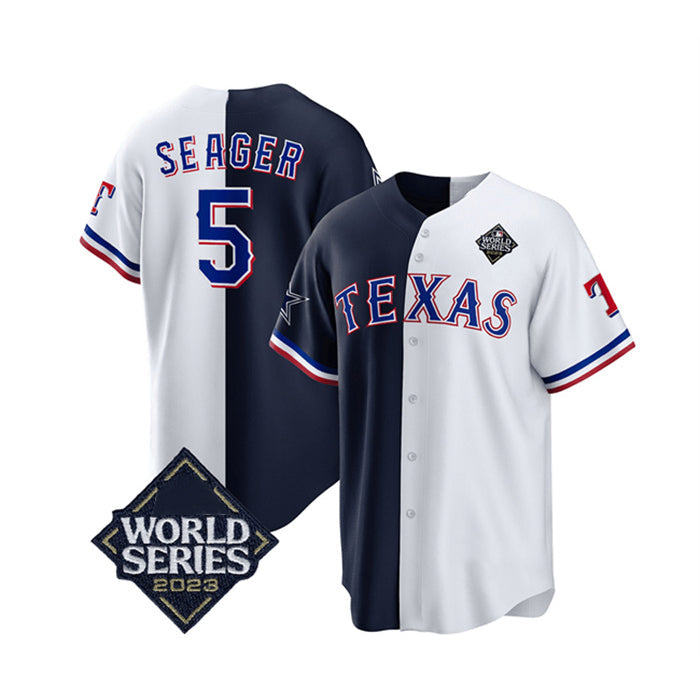 Texas Rangers & Cowboys #5 Corey Seager Navy White 2023 World Series Splite Stitched Baseball Jersey