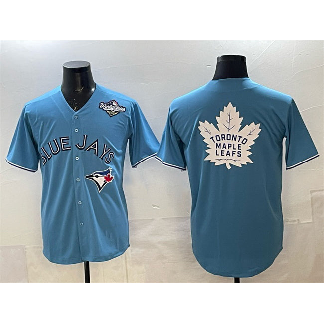 Toronto Blue Jays & Leafs Blue 2025 World Series With White Leafs Logo Cool Base Stitched Baseball Jersey