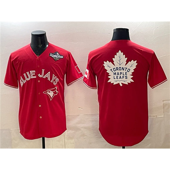 Toronto Blue Jays & Leafs Red 2025 World Series With White Leafs Logo Cool Base Stitched Baseball Jersey