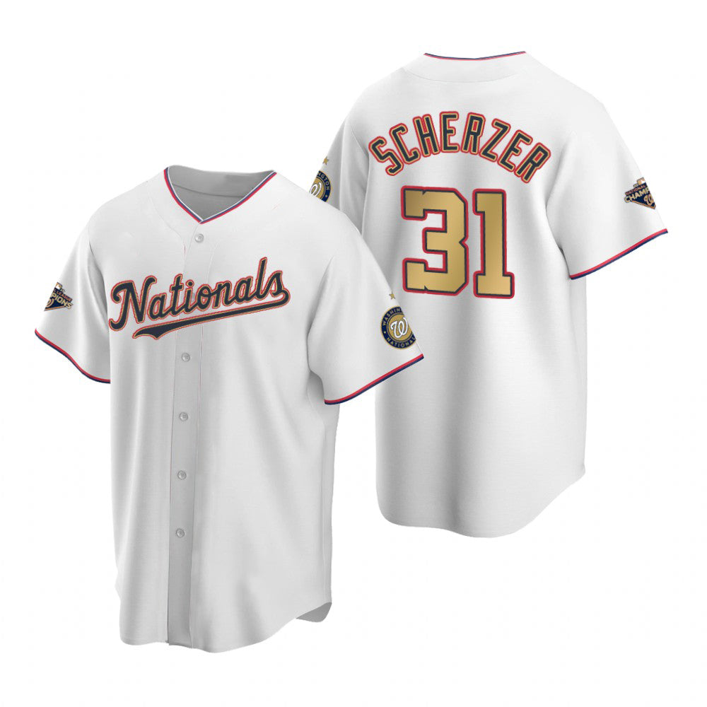 Washington Nationals #31 Max Scherzer White Gold 2019 World Series Champions Stitched Cool Baseball Jersey