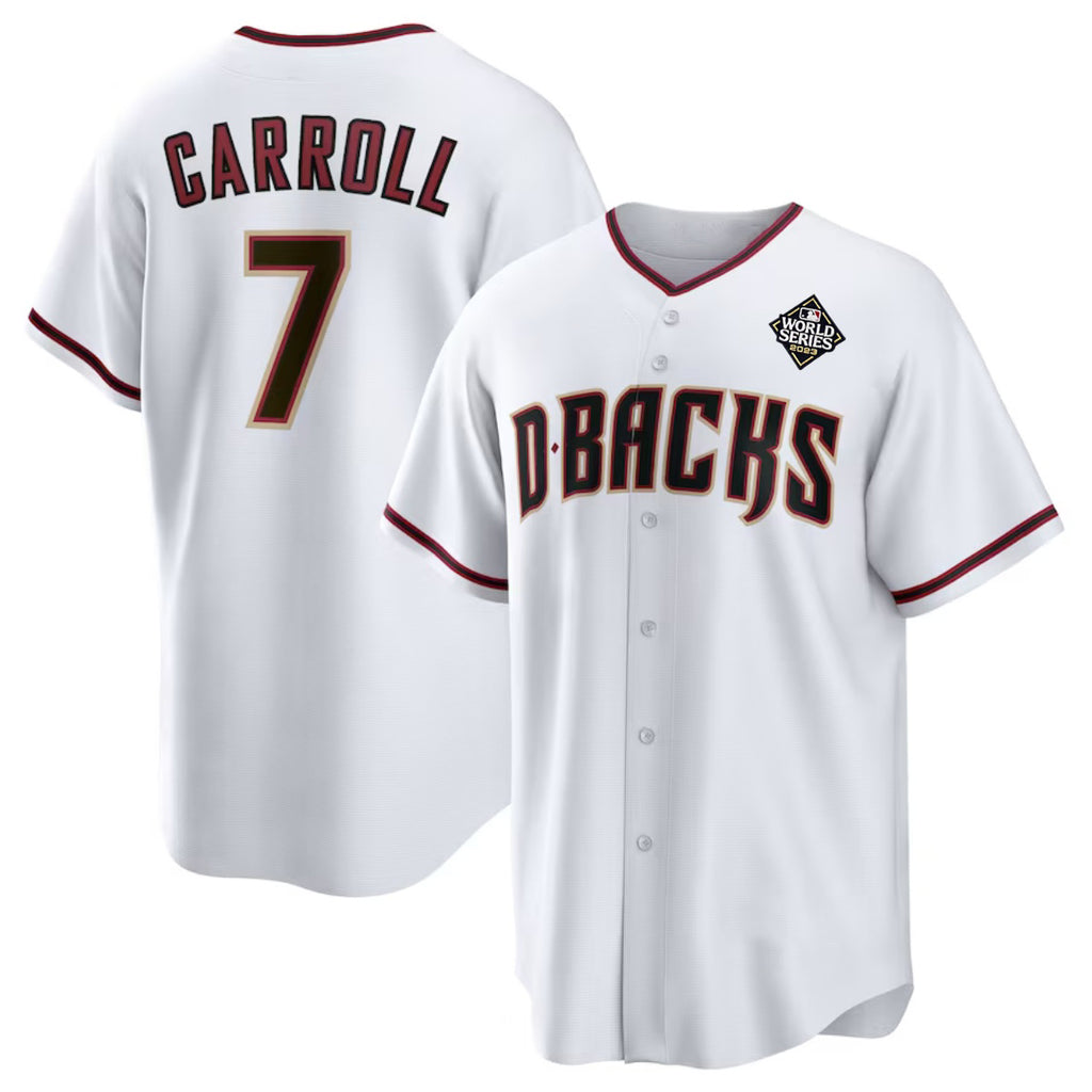 Arizona Diamondbacks #7 Corbin Carroll White MAROU 2023 World Series Cool Base Stitched Jersey 2