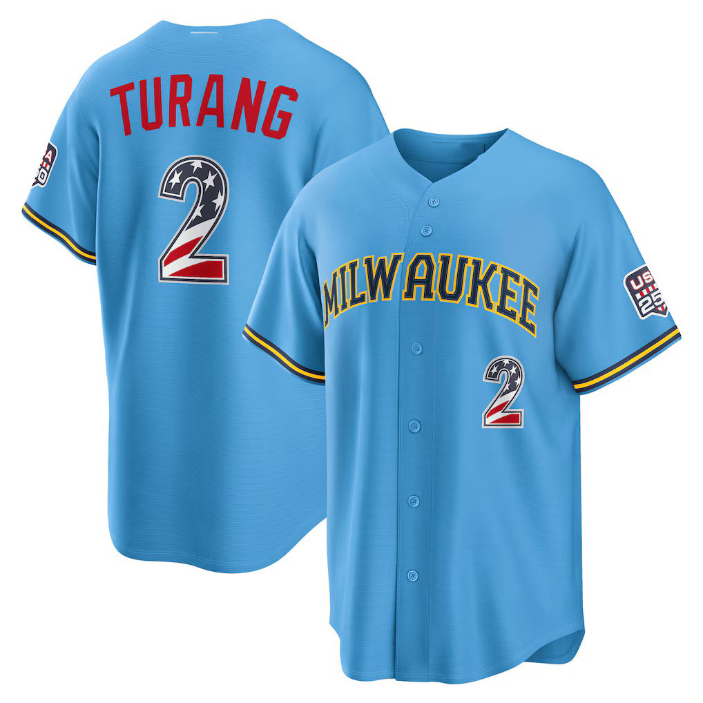 Milwaukee Brewers #2 Brice Turang USA 250 Fourth of July Road Stadium Jersey - Light Blue Puhics