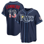 Tampa Bay Rays #13 Junior Caminero USA 250 Fourth of July Road Stadium Jersey - Navy Puhics