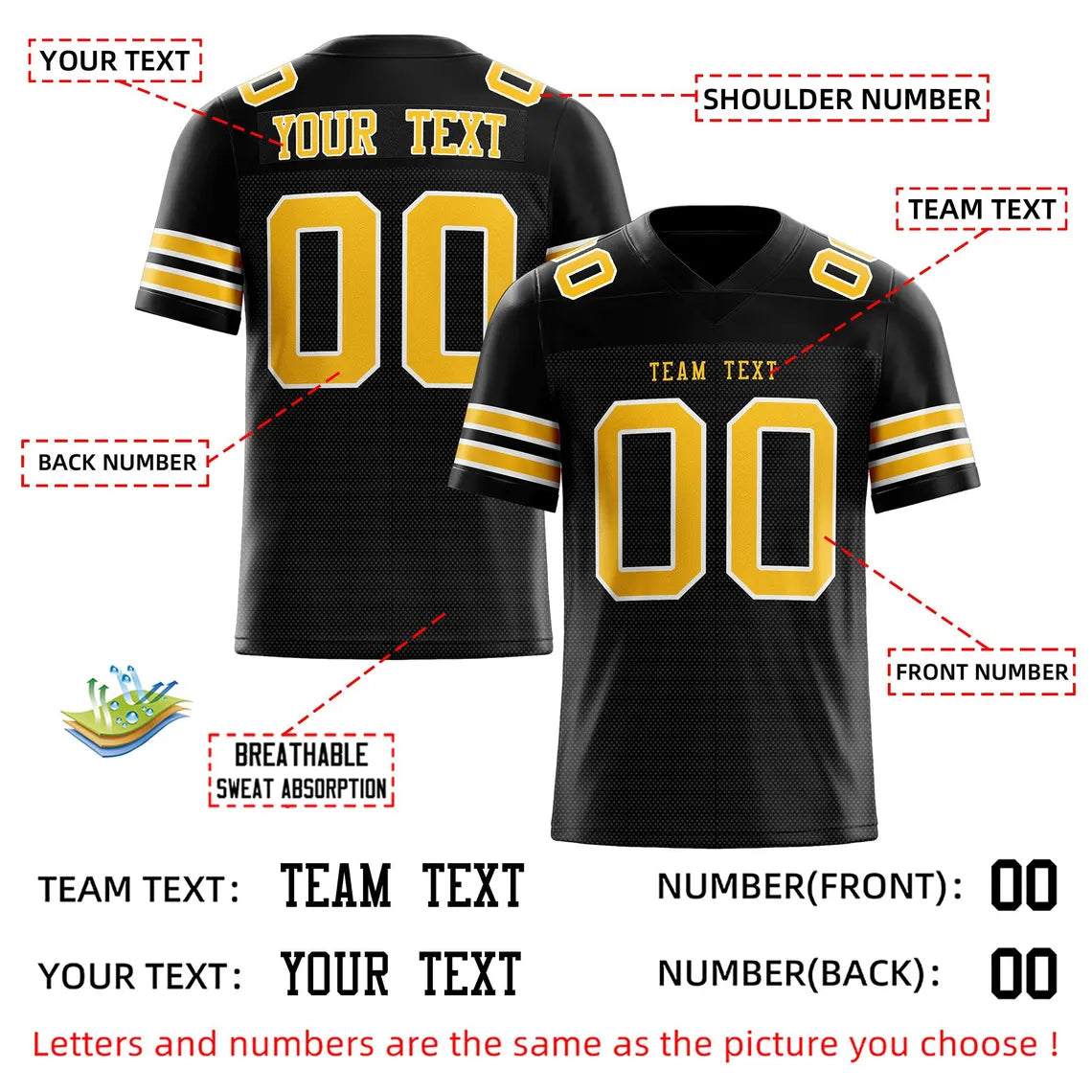 Custom American Football Jersey Personalized Stitched Name and Number Breathable Mesh Top for Team Game Sports or Work wear Black Yellow