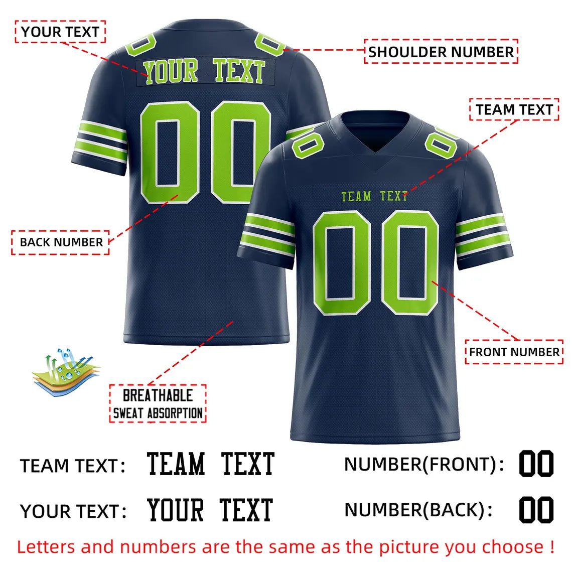 Custom American Football Jersey Personalized Stitched Name and Number Breathable Mesh Top for Team Game Sports or Work wear Navy Green