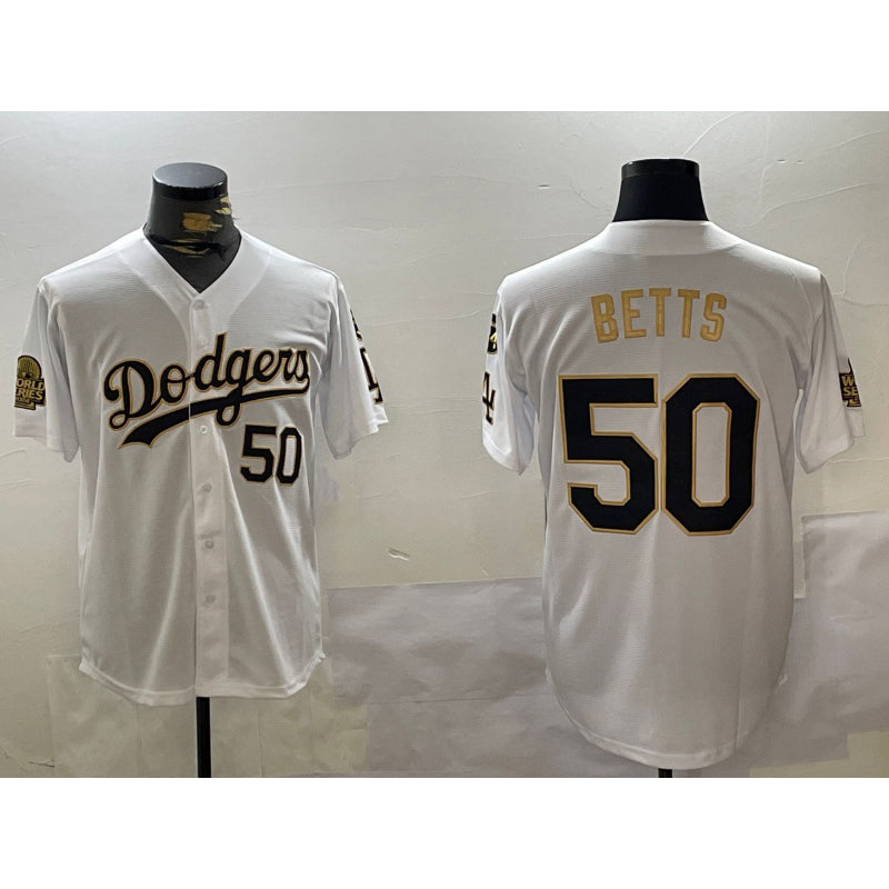 Los angeles dodgers #50 mookie betts white gold 2024 world series with fernando memorial patch limited stitched baseball jersey